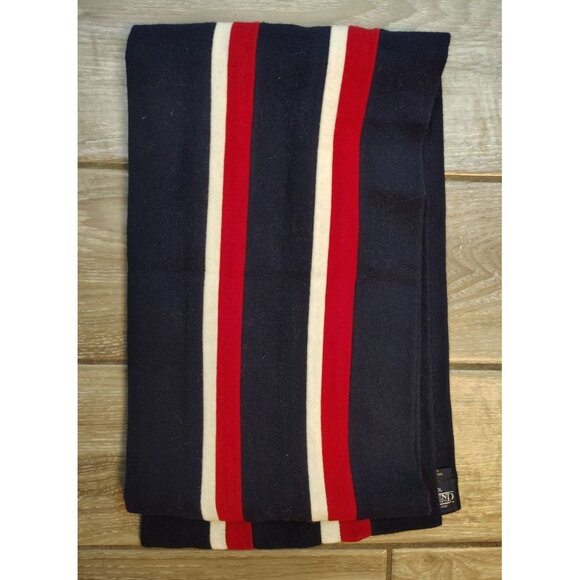 Land's End Direct Merchants 100% Wool Scarf, Red White Navy Blue Stripe Nautical - Picture 2 of 4